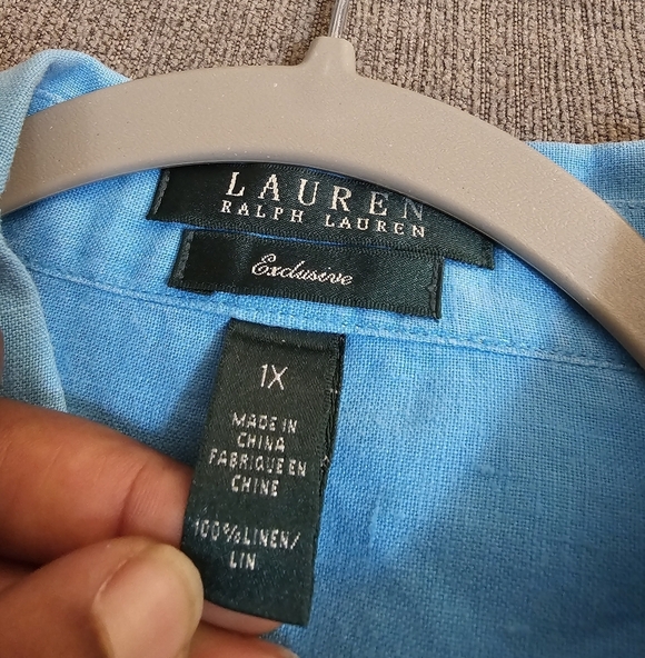 Lauren Ralph Lauren Linen Light Blue Turquoise Lagenlook Relaxed Button Top 1X - Picture 4 of 6